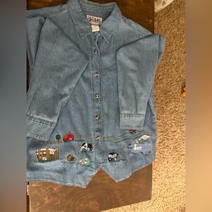 Bill Blass Vintage Women Embroidered Denim Shirt L farm cows rooster barn ducke
